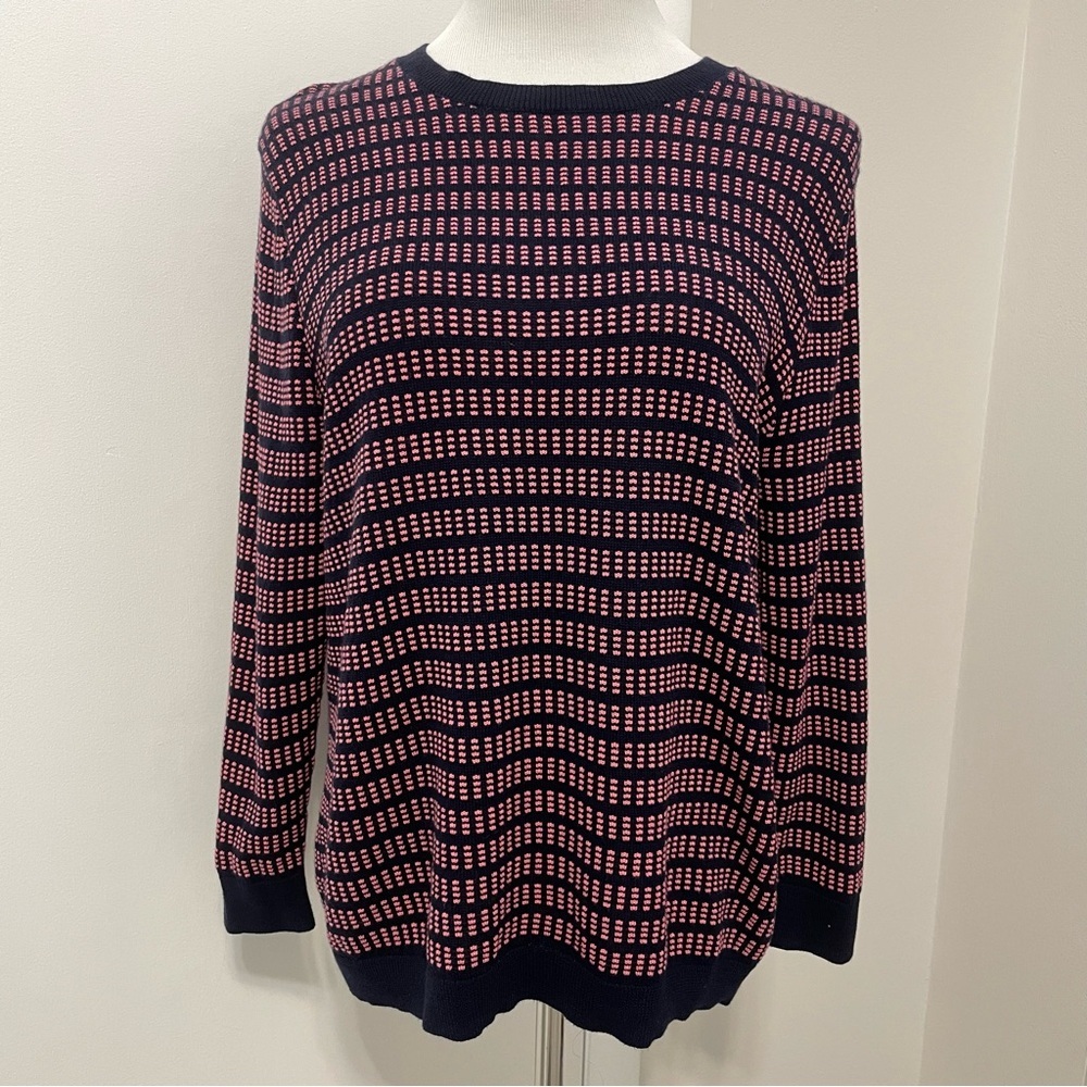 J. Crew Textured Crewneck Knit Sweater Navy & Pink 3/4 Length Sleeve Size XL